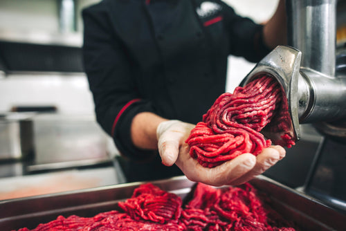 Freshly minced ground beef being made in a kitchen using a commercial meat mincer 