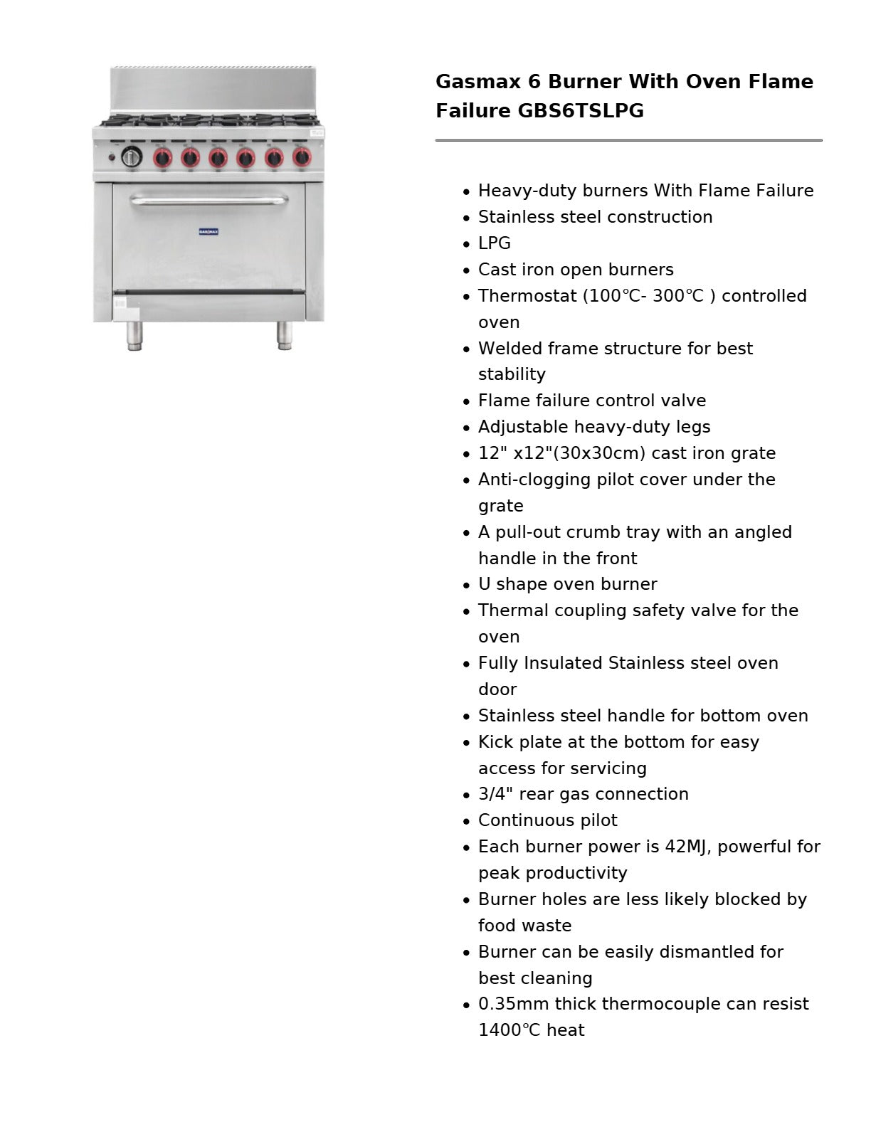 Gasmax GBS6TSLPG - 6 Burner Range Oven