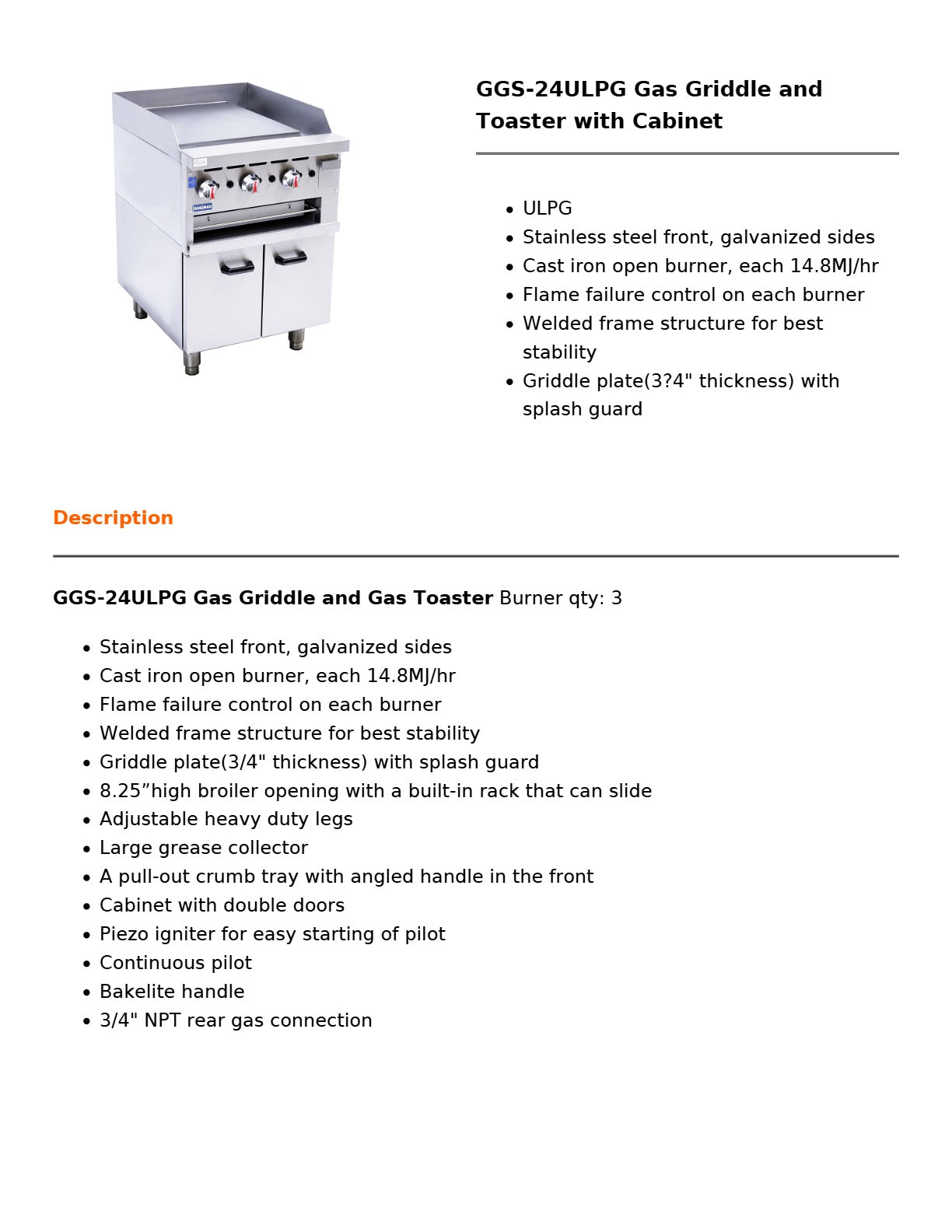 Gasmax GGS-24ULPG - Griddle & Toaster with Cabinet