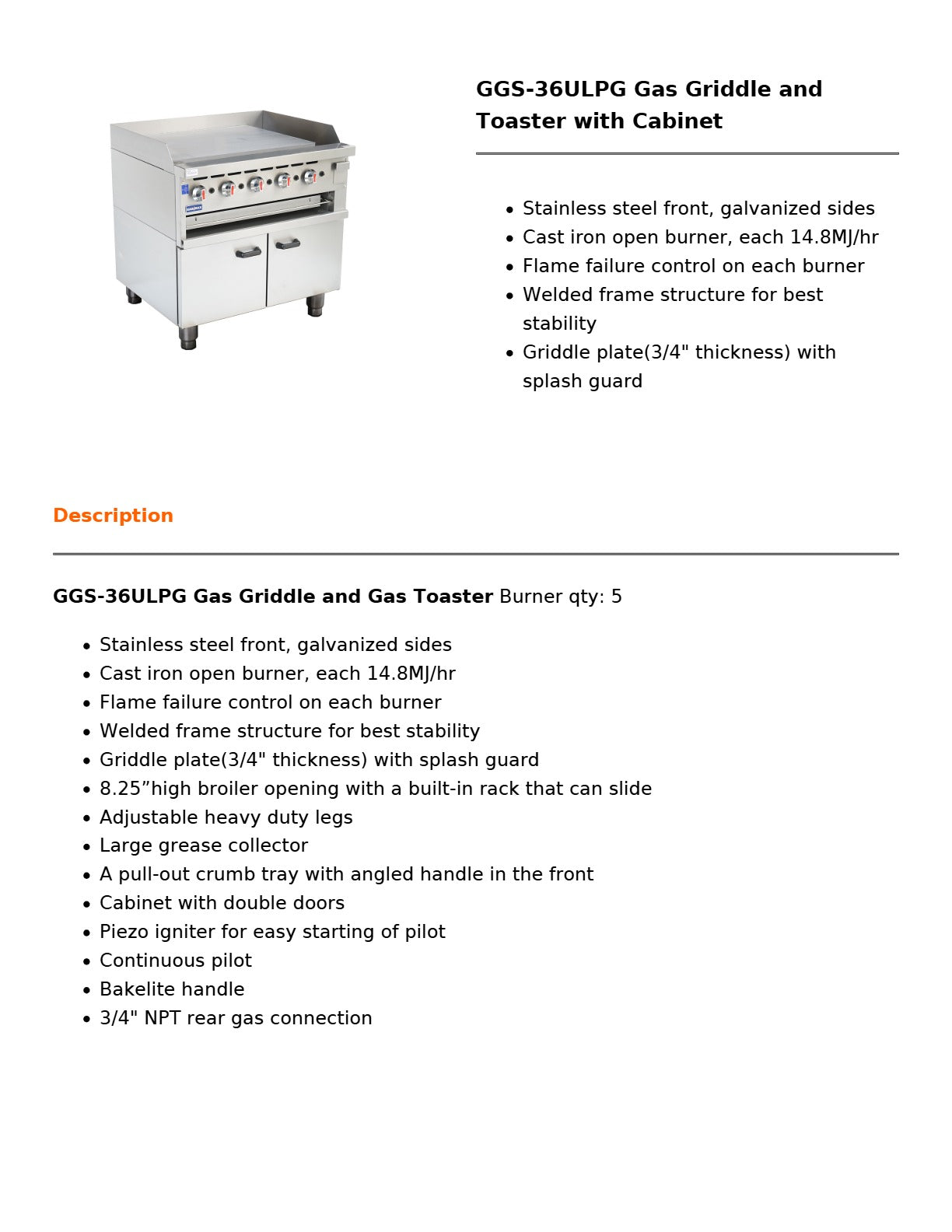 Gasmax GGS-36ULPG - Griddle & Toaster with Cabinet