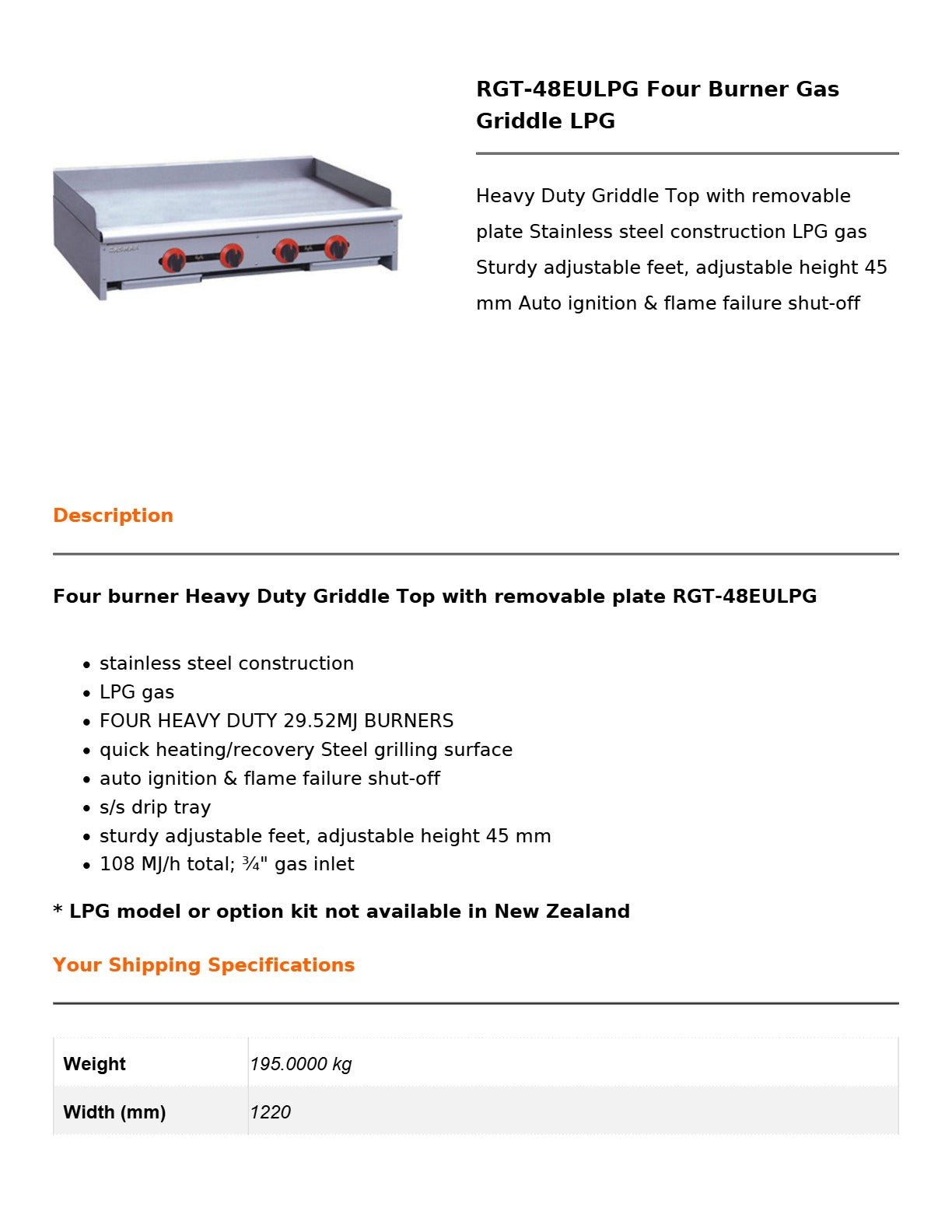 Gasmax RGT-48EULPG - 4 Burner Griddle