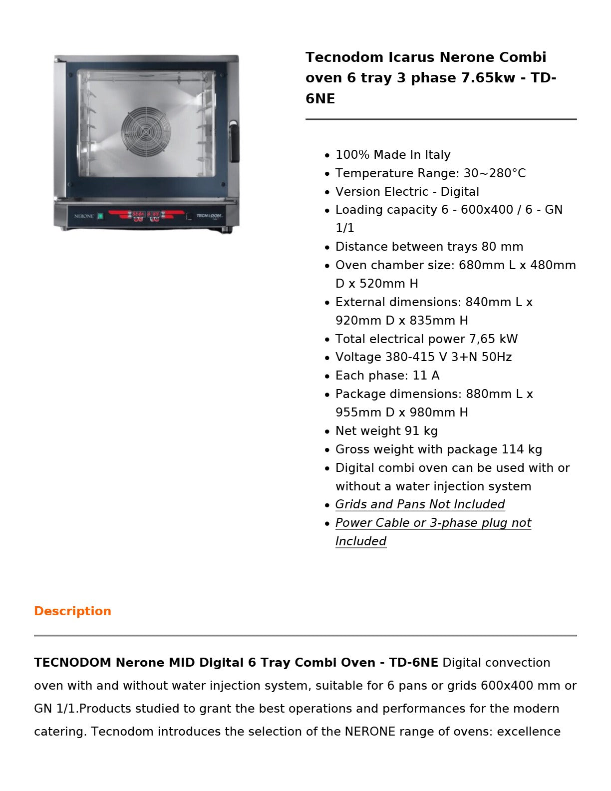 Tecnodom TD-6NE - 6 Tray Combi Oven