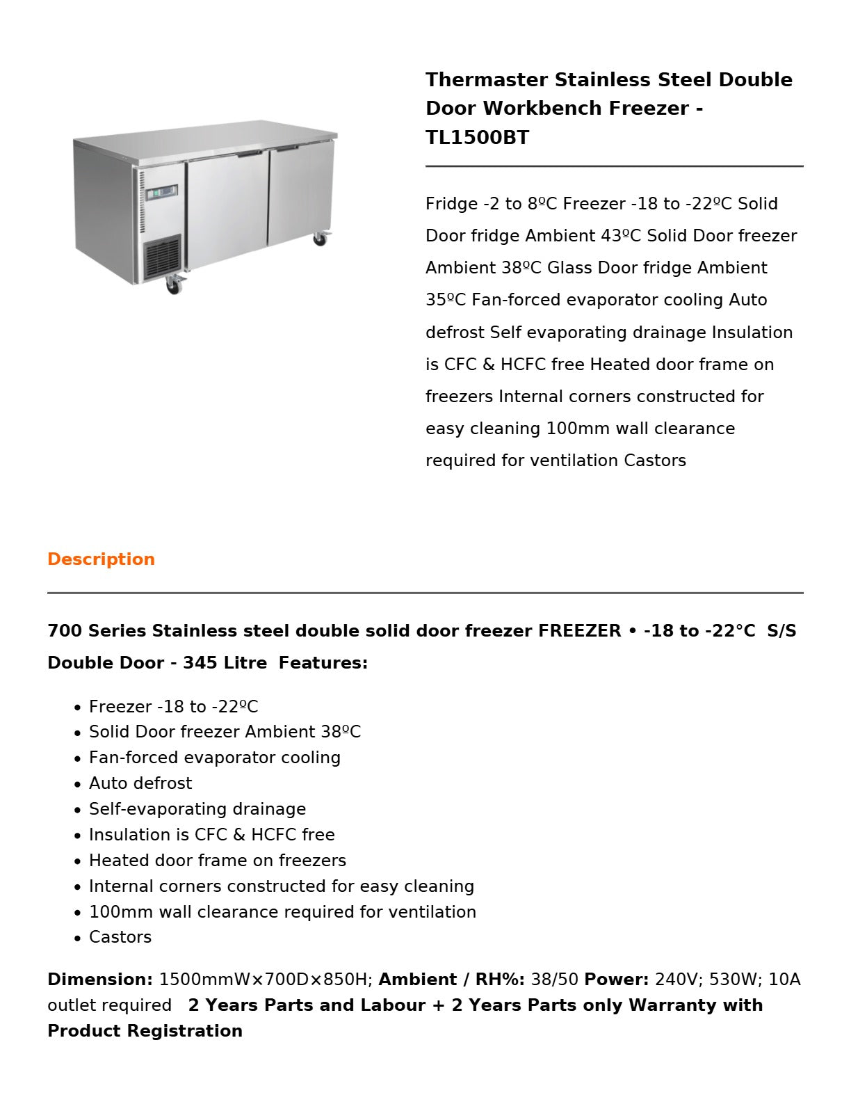 Thermaster TL1500BT - Work Bench Freezer