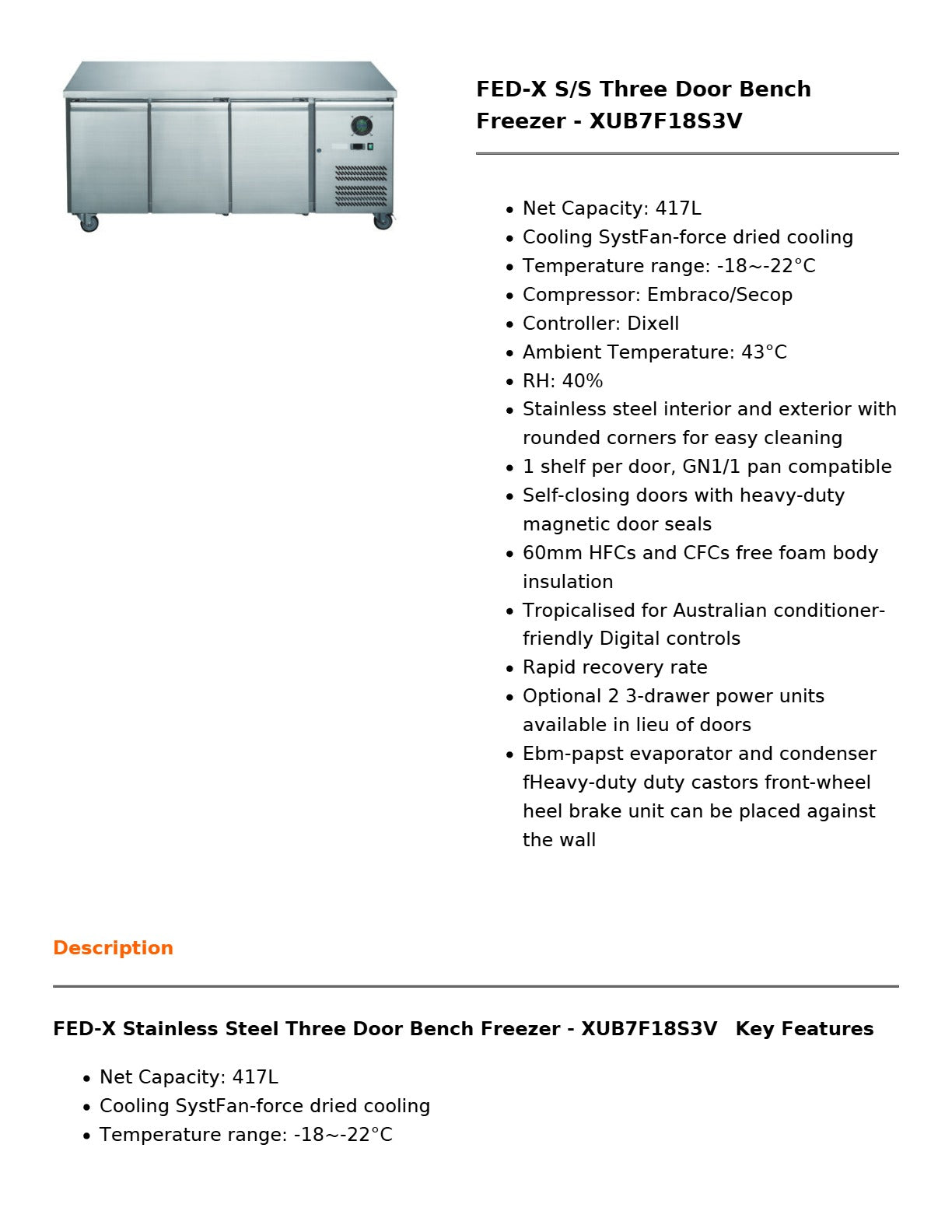 FED-X XUB7F18S3V - Underbench Freezer