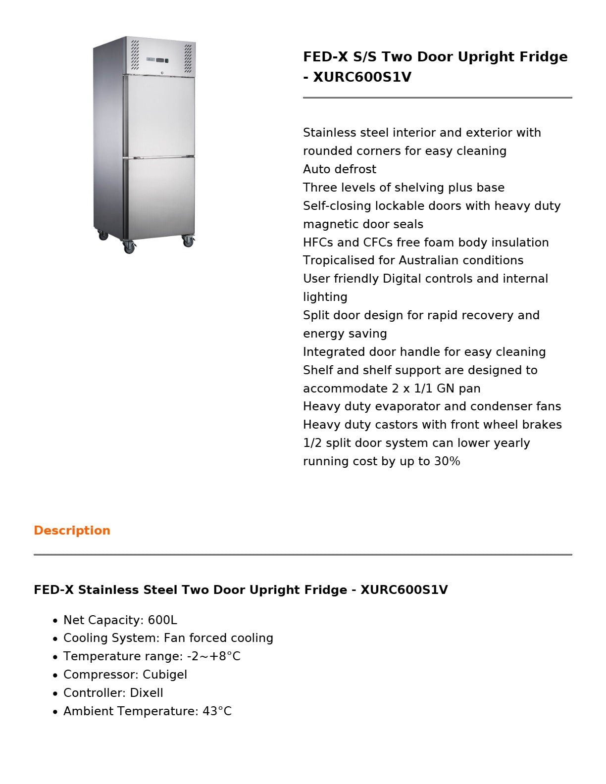 FED-X XURC600S1V - Upright Fridge