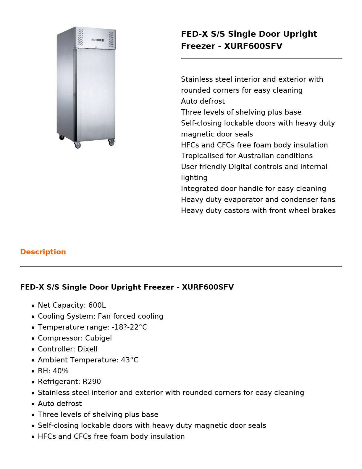 FED-X XURF600SFV - Upright Freezer